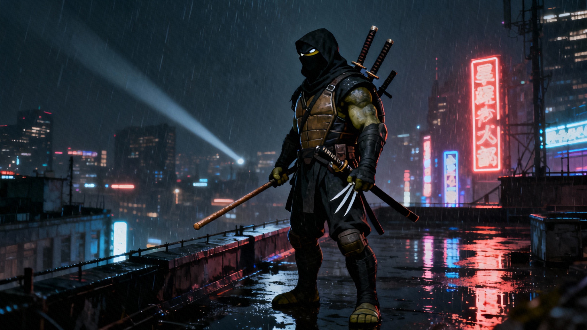 A dark and gritty illustration of The Last Ronin from Teenage Mutant Ninja Turtles, standing on a rainy rooftop at night in a futuristic city, holding the weapons of all four turtles.