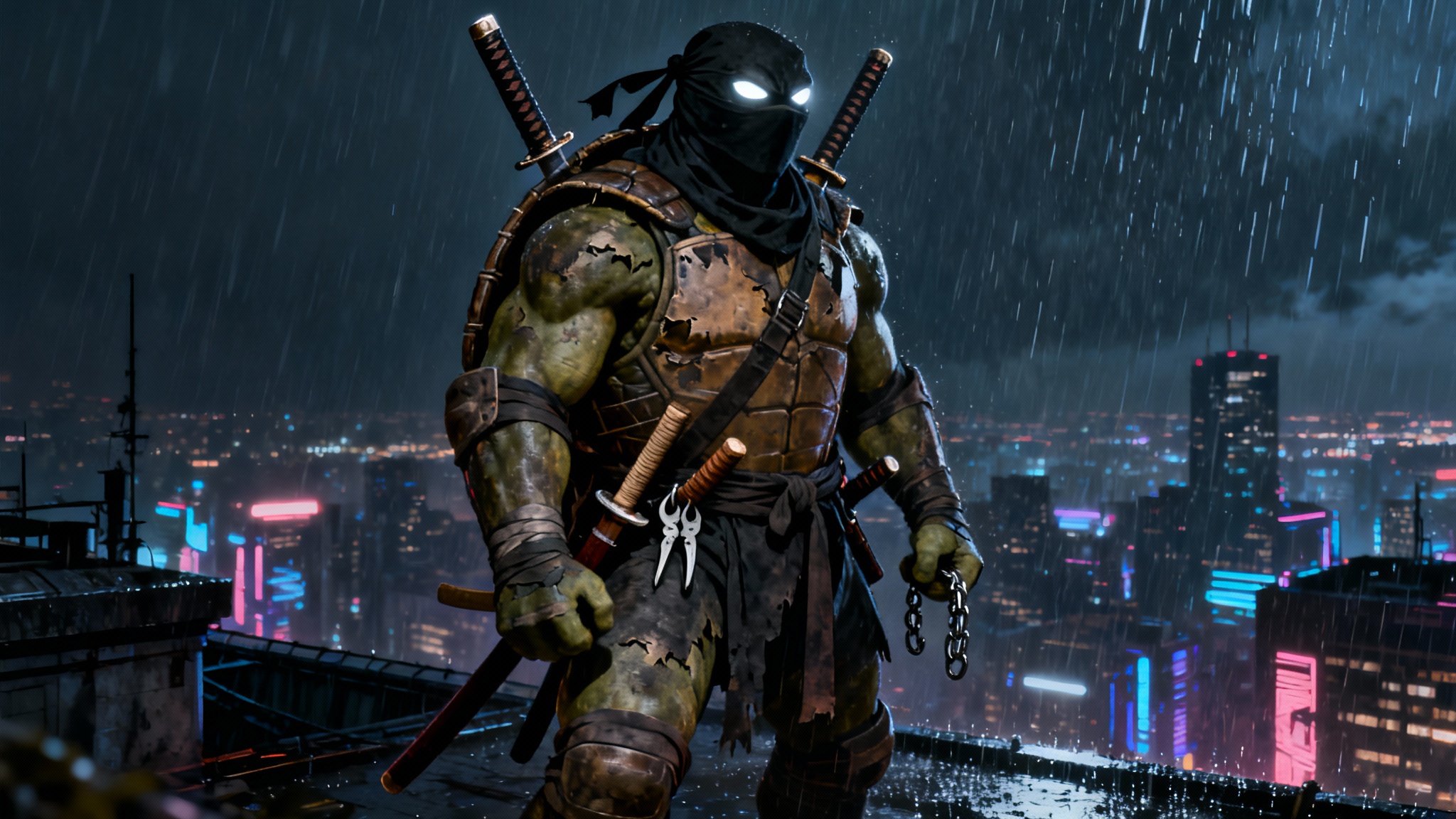 A dark and gritty wallpaper of The Last Ronin, the last surviving Ninja Turtle, standing on a rainy rooftop at night, armed with all four turtles' weapons, overlooking a futuristic city.