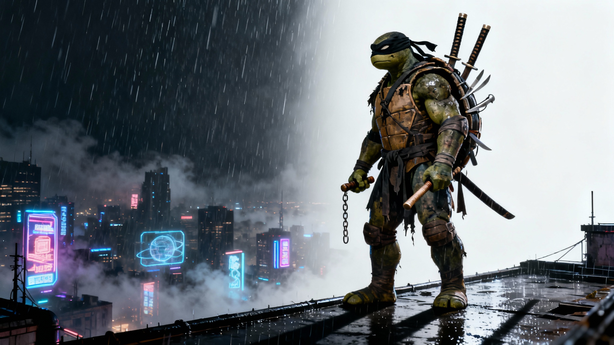 A dark and gritty wallpaper featuring The Last Ronin, a lone ninja turtle, standing on a rooftop overlooking a rainy, futuristic city at night, holding his brothers' weapons.