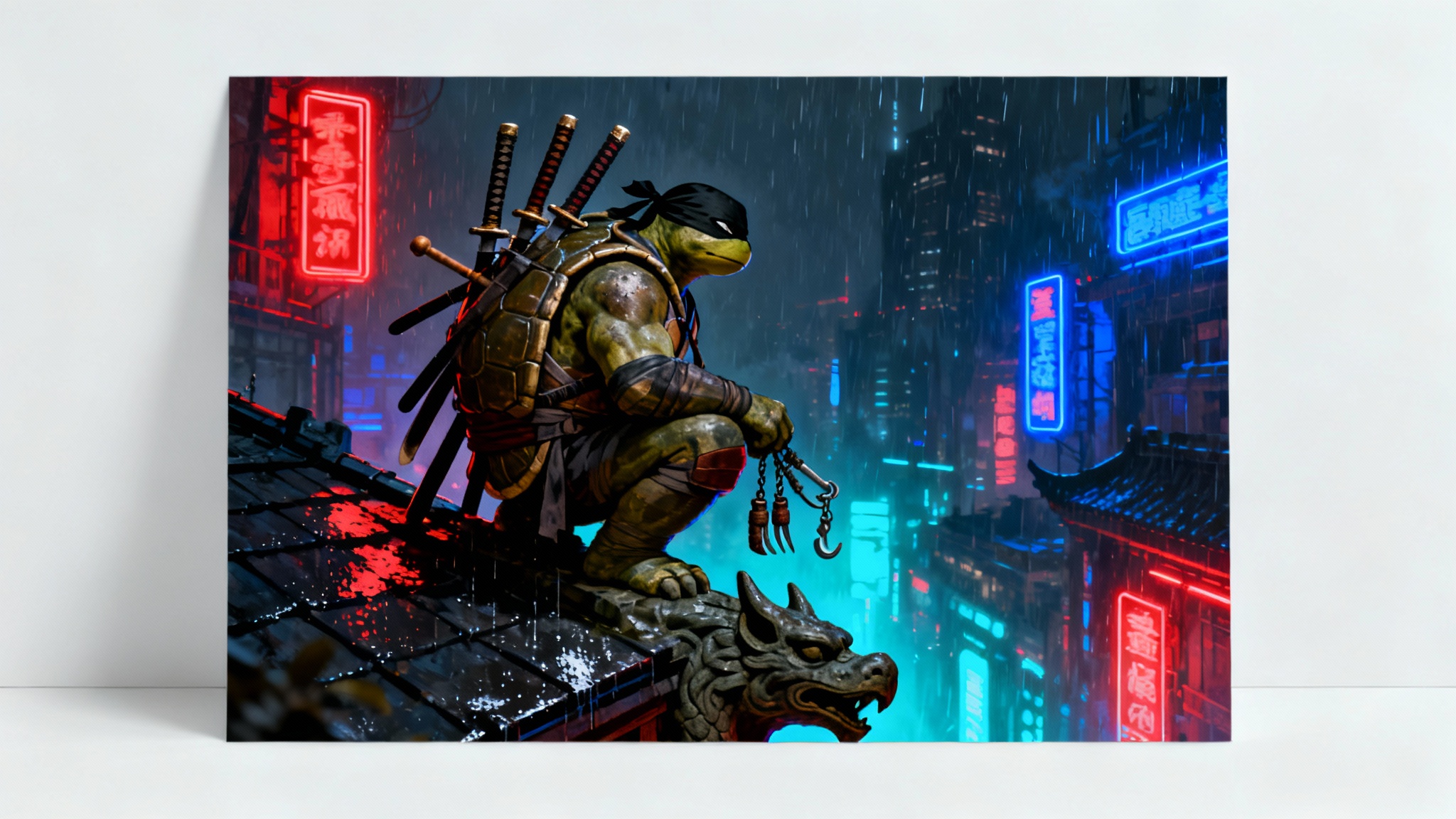 A dark, gritty wallpaper of The Last Ronin, a turtle warrior, overlooking a rainy, neon-lit cyberpunk city at night from a rooftop.