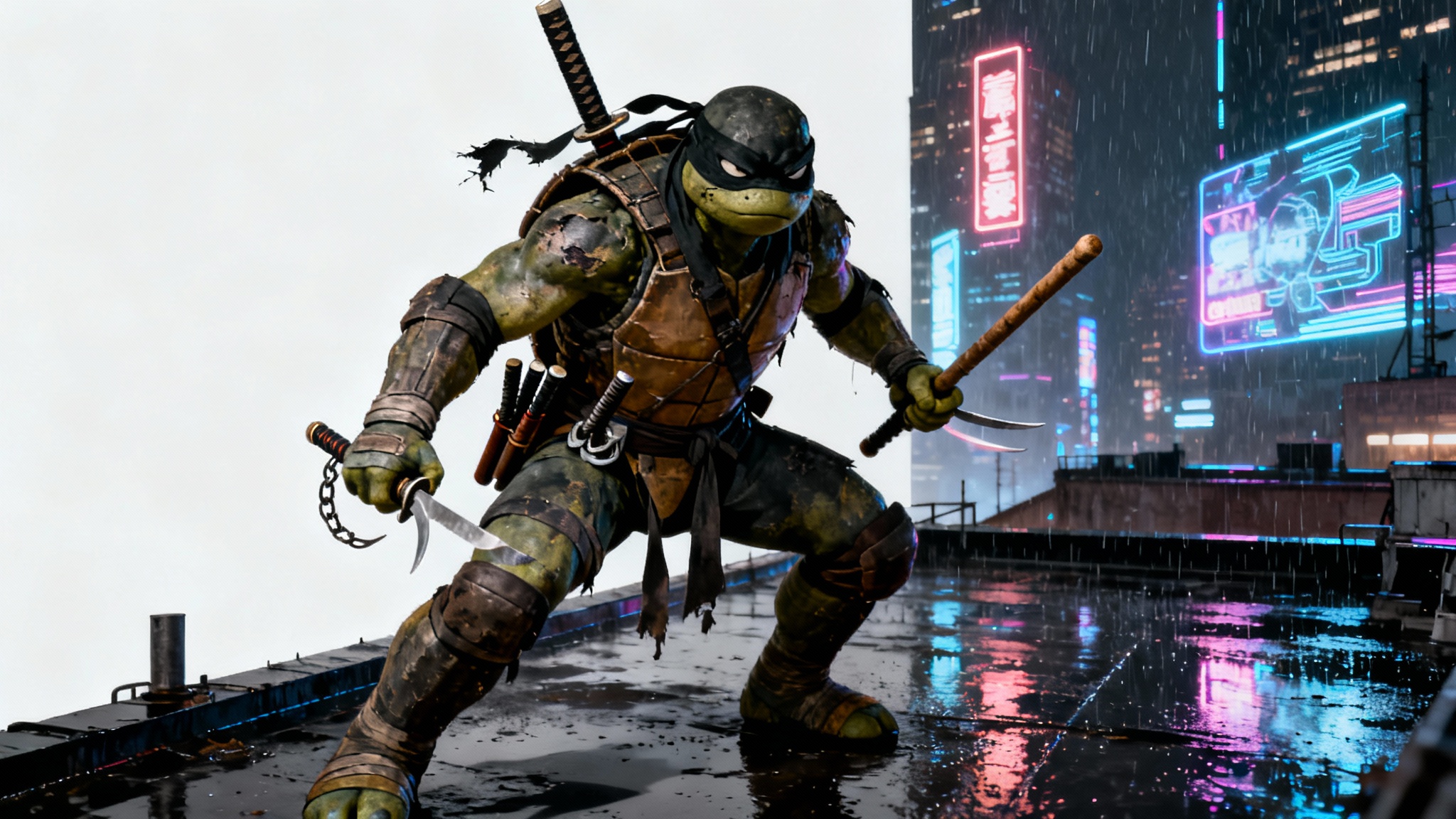 A dramatic digital wallpaper of The Last Ronin, the surviving Ninja Turtle, posing on a rainy rooftop with all four of his brothers' weapons against a stark white background.