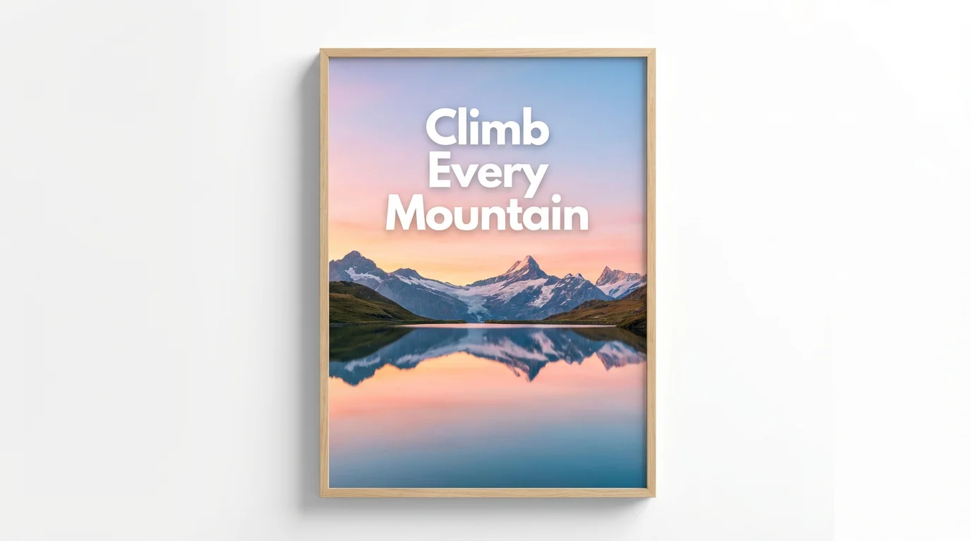 An inspirational image of a mountain range reflected in a lake at sunrise, with the quote 'Climb Every Mountain' in clean white text over it, presented as a mockup.