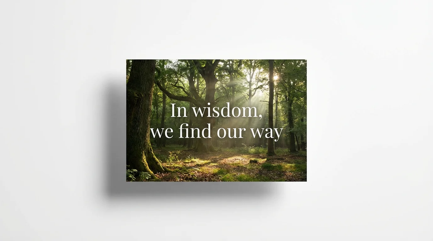 A digital graphic mockup showing a forest scene with sunbeams. The quote 'In wisdom, we find our way' is written in the center.