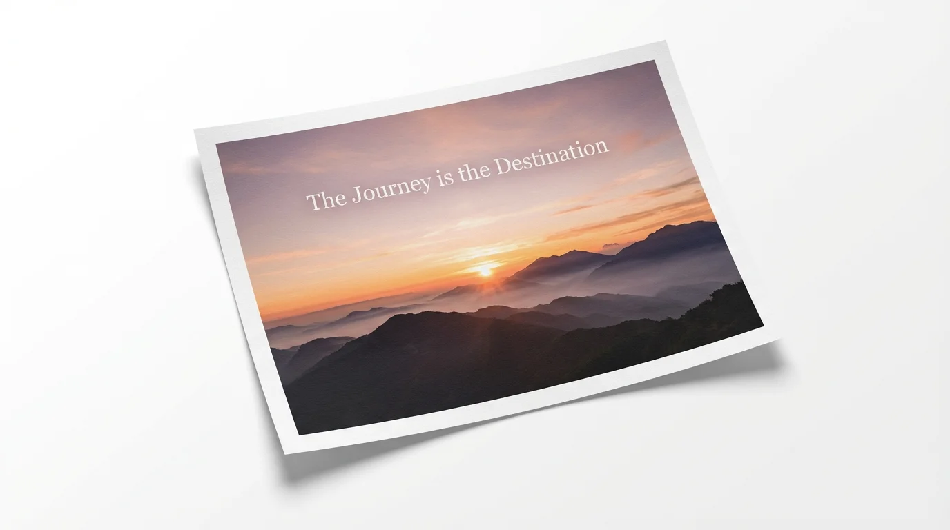 A mockup of a photograph showing a misty mountain sunrise with the inspirational quote 'The Journey is the Destination' added to it, displayed on a clean white background.