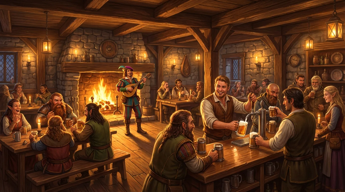 A stunning digital illustration of a bustling fantasy tavern scene, featuring a bartender pouring drinks, patrons laughing, a bard playing a lute, and a large fireplace casting a warm glow over the room.