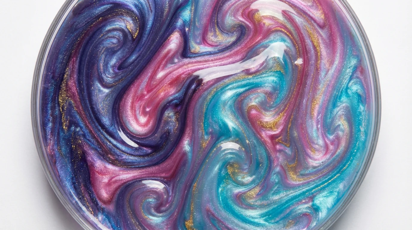 An abstract image representing an animated background, showing vibrant, swirling liquids in shades of purple, blue, and pink with gold highlights, set against a clean white background.