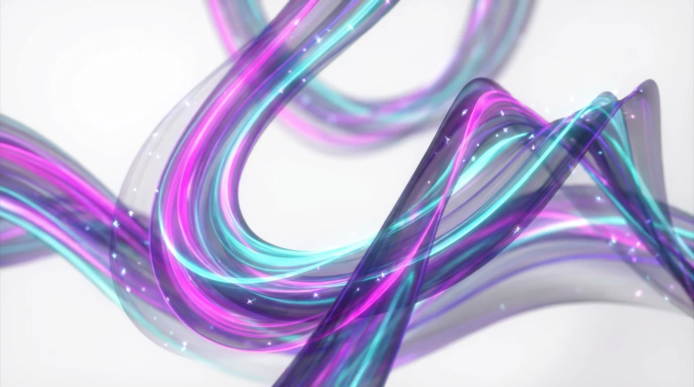 An abstract digital art piece showing flowing ribbons of purple and cyan light with glowing particles, representing an animated background, on a clean white background.