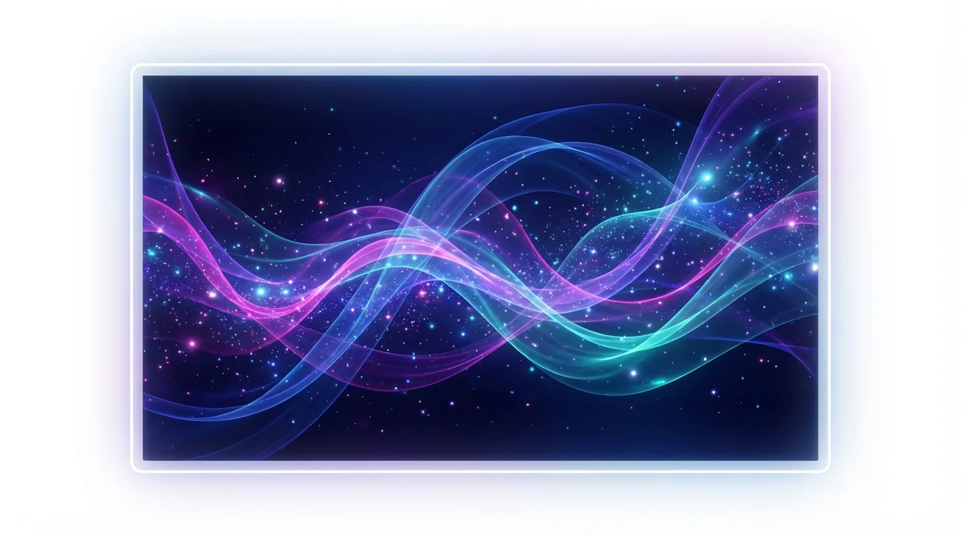 A modern animated background featuring swirling, glowing waves of purple, blue, and pink light with sparkling particles, presented on a clean white background.