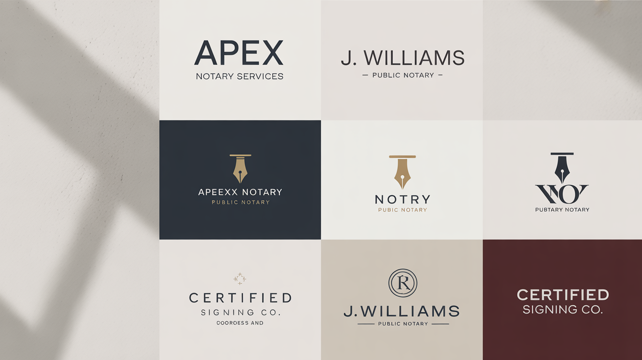 A showcase of several professional notary logos in different styles, featuring symbols like pens, seals, and scales on a clean background.