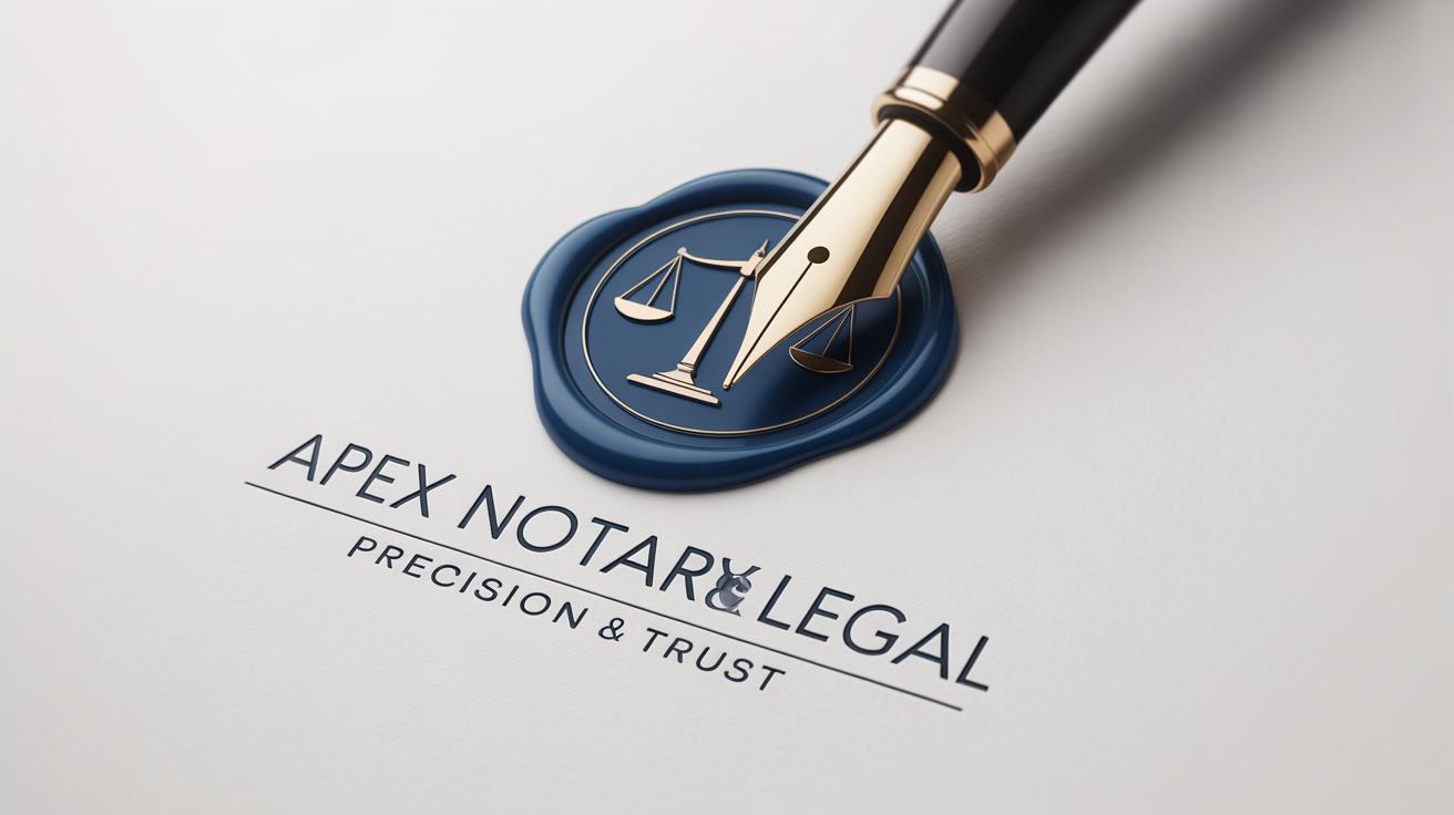 A professional notary logo mockup for 'Apex Notary & Legal' featuring a gold fountain pen over a navy blue wax seal with a scale of justice, set against a white background.