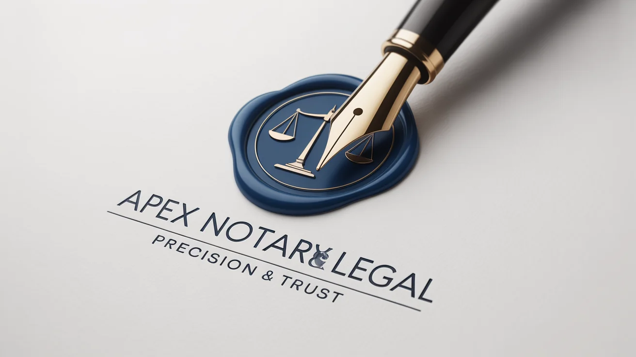A professional notary logo mockup for 'Apex Notary & Legal' featuring a gold fountain pen over a navy blue wax seal with a scale of justice, set against a white background.