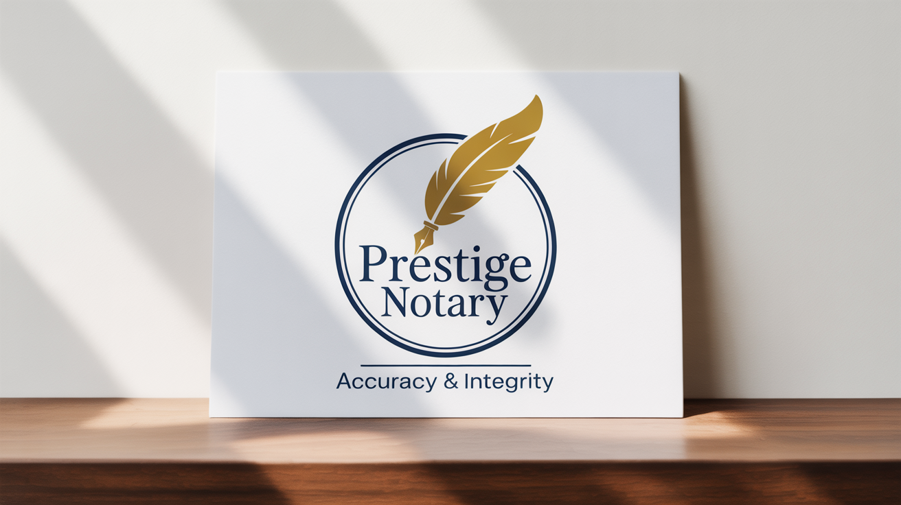A professional logo mockup for 'Prestige Notary', featuring a golden quill pen and a navy blue circular seal on a clean white background, conveying trustworthiness and integrity.