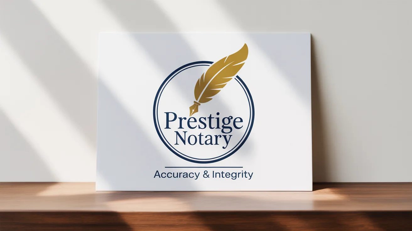 A professional logo mockup for 'Prestige Notary', featuring a golden quill pen and a navy blue circular seal on a clean white background, conveying trustworthiness and integrity.