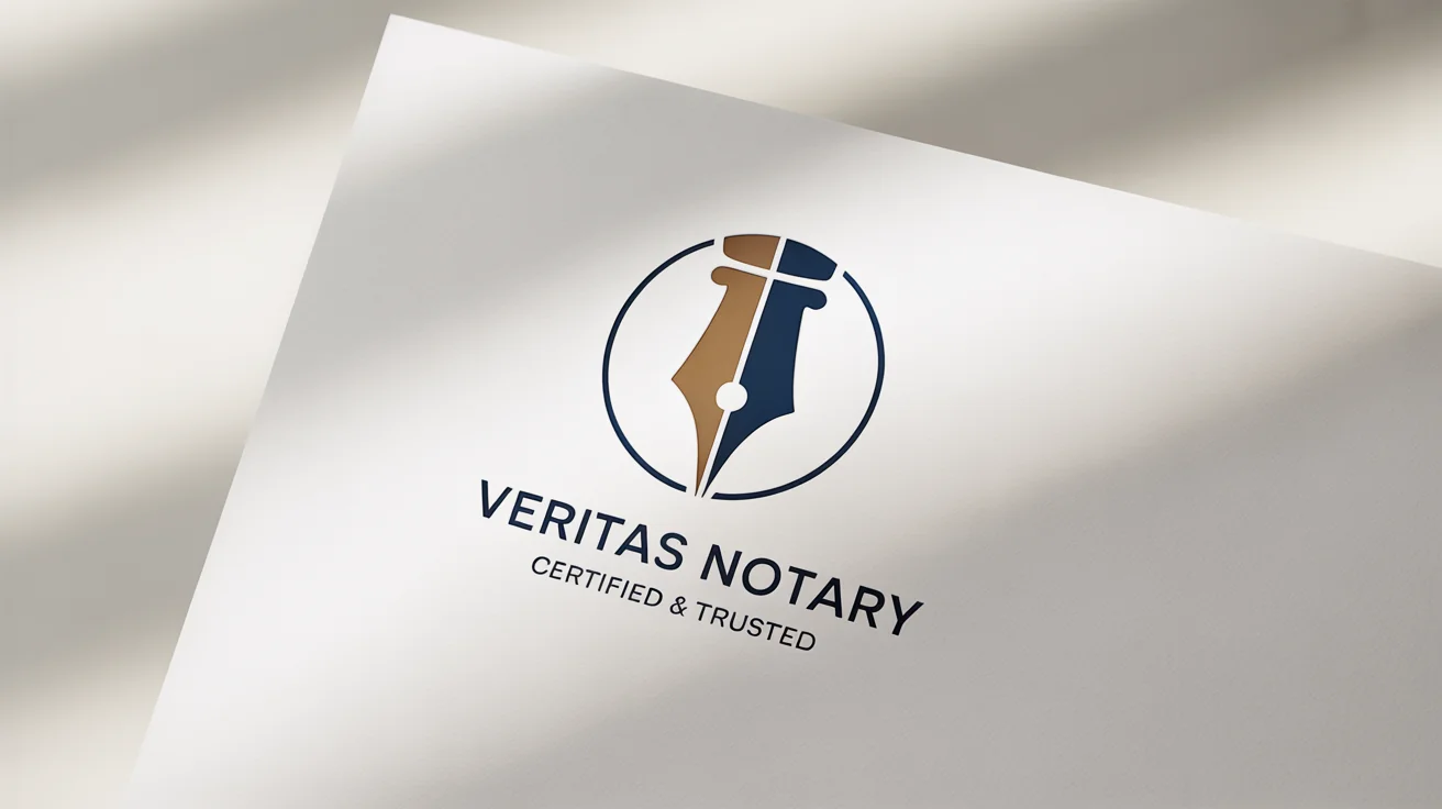 A professional logo mockup for a notary service named 'Veritas Notary', featuring a combined pen nib and key emblem in gold and navy blue on a white background.