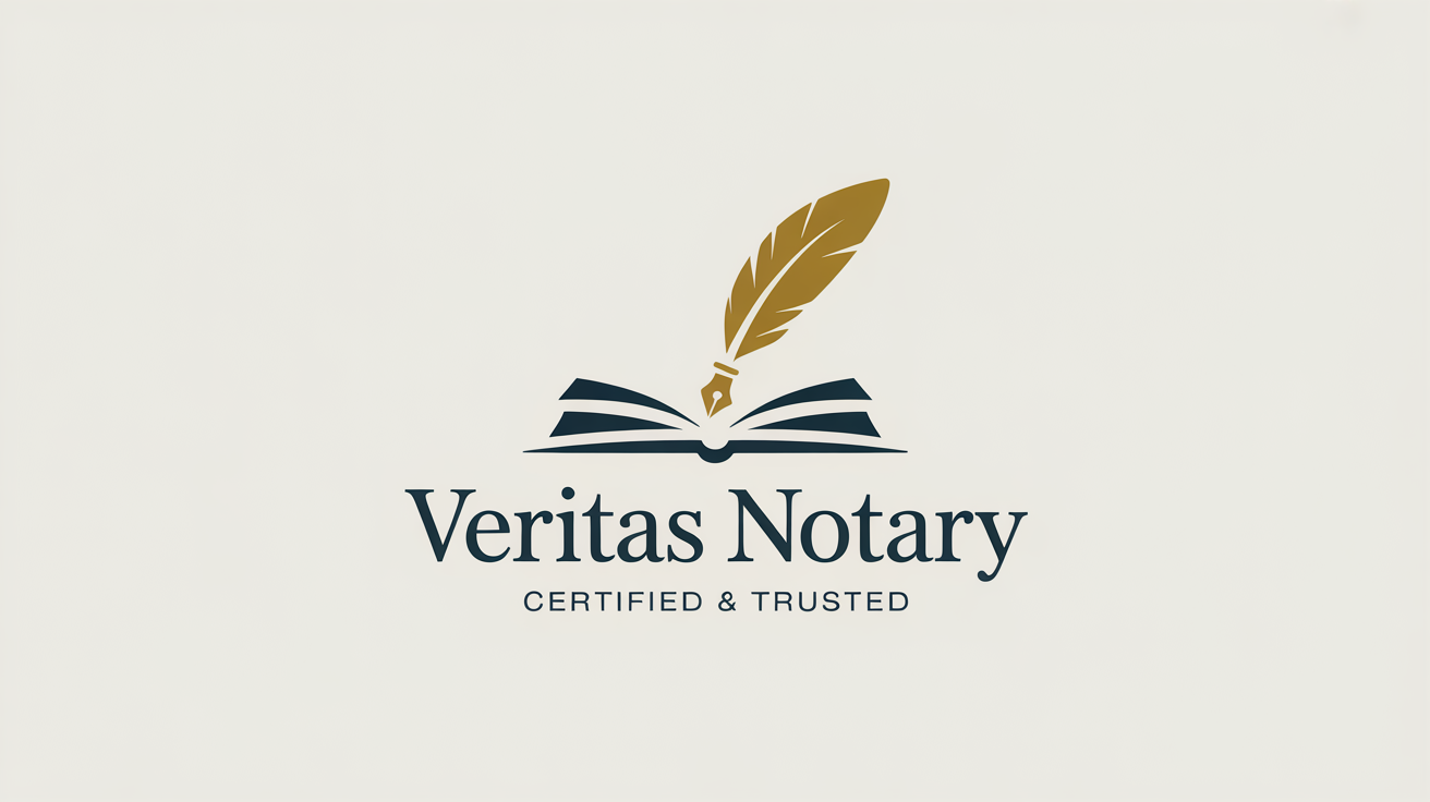 A professional notary logo featuring a gold quill pen and book icon. The text reads 'Veritas Notary' in a navy blue serif font, with the tagline 'Certified & Trusted' below it, all on a clean white background.