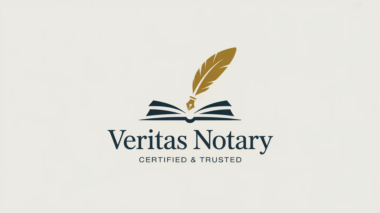 A professional notary logo featuring a gold quill pen and book icon. The text reads 'Veritas Notary' in a navy blue serif font, with the tagline 'Certified & Trusted' below it, all on a clean white background.