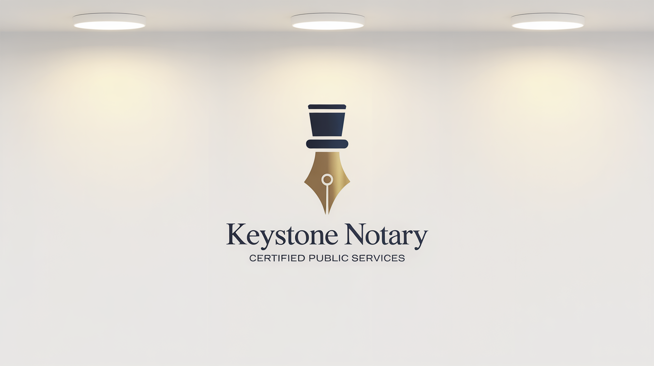 A professional notary logo design for 'Keystone Notary' featuring a navy blue and gold icon of a fountain pen and a seal, set against a plain white background.