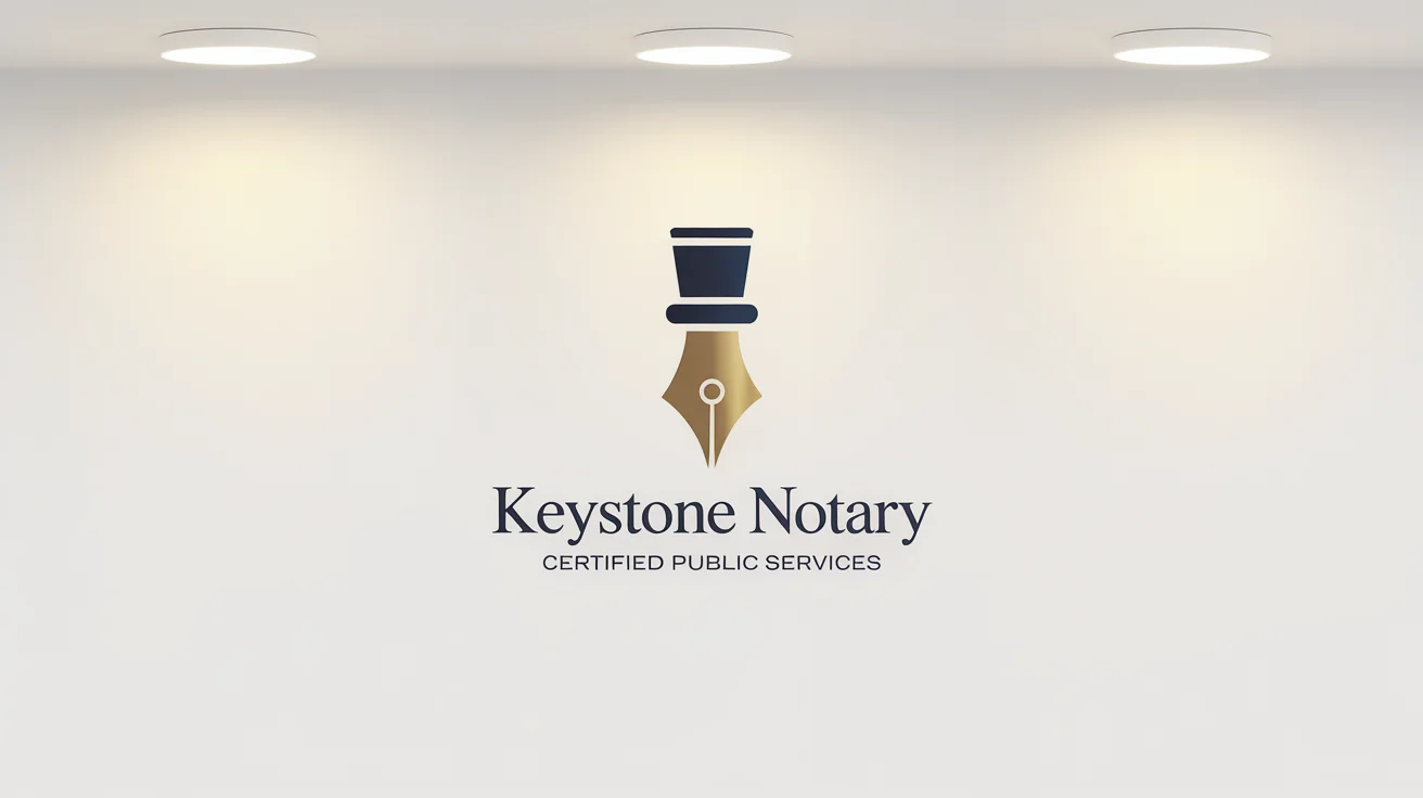 A professional notary logo design for 'Keystone Notary' featuring a navy blue and gold icon of a fountain pen and a seal, set against a plain white background.