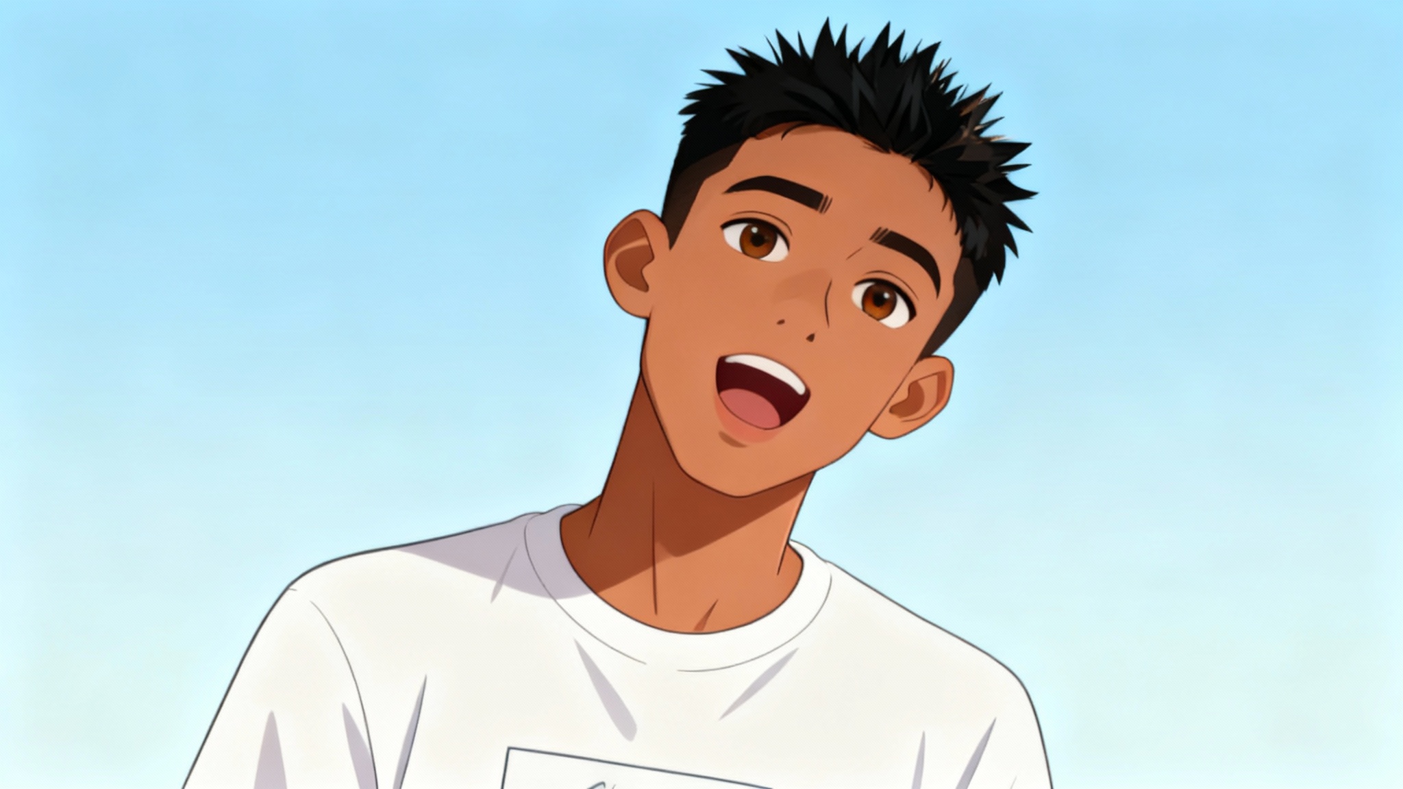 An animation still of a young man with spiky black hair and a white t-shirt, created as an animated talking head. His mouth is open mid-speech against a light blue background.