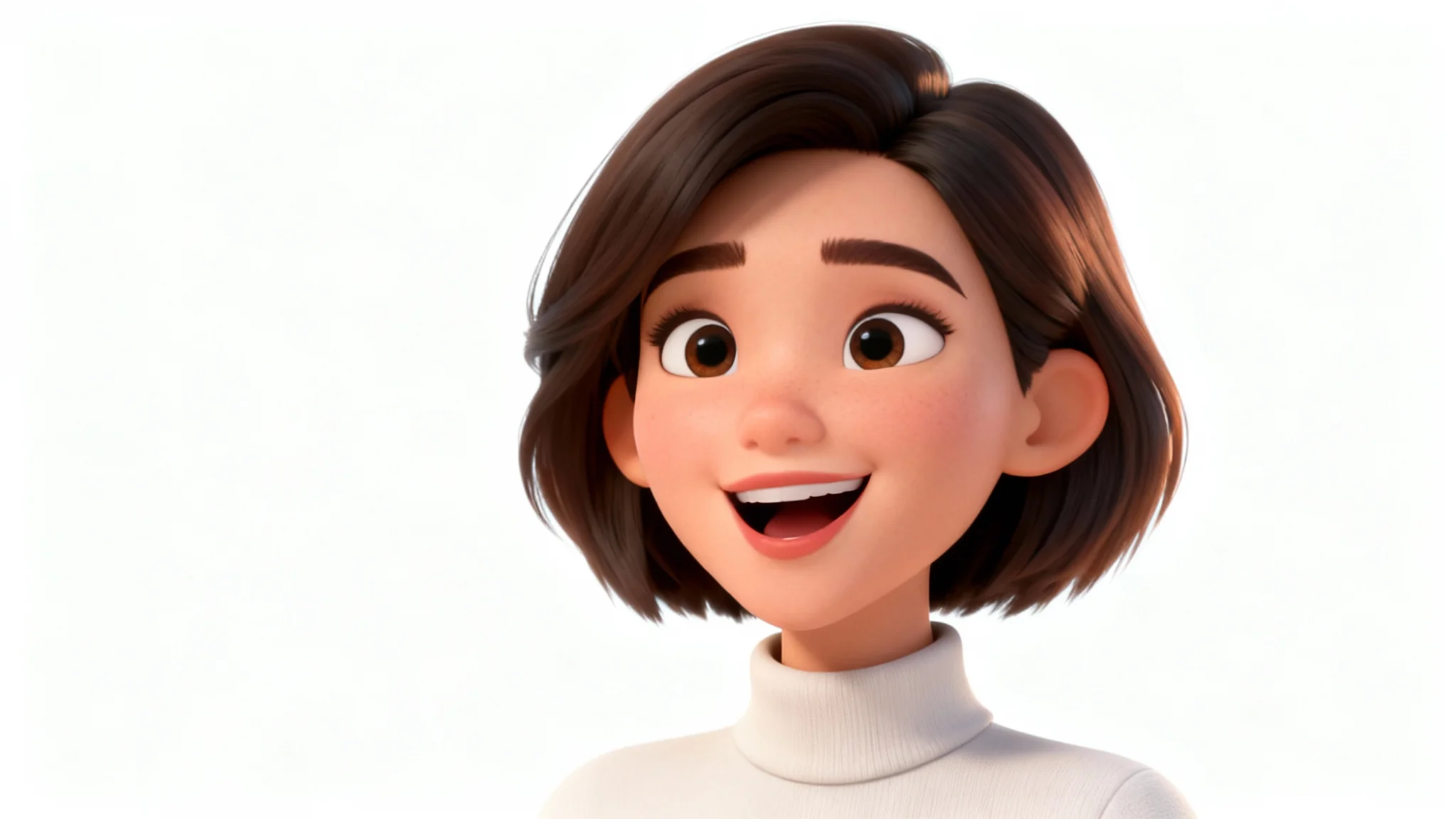 A 3D animated character of a woman from the shoulders up, speaking with an expressive and friendly face against a plain white background.