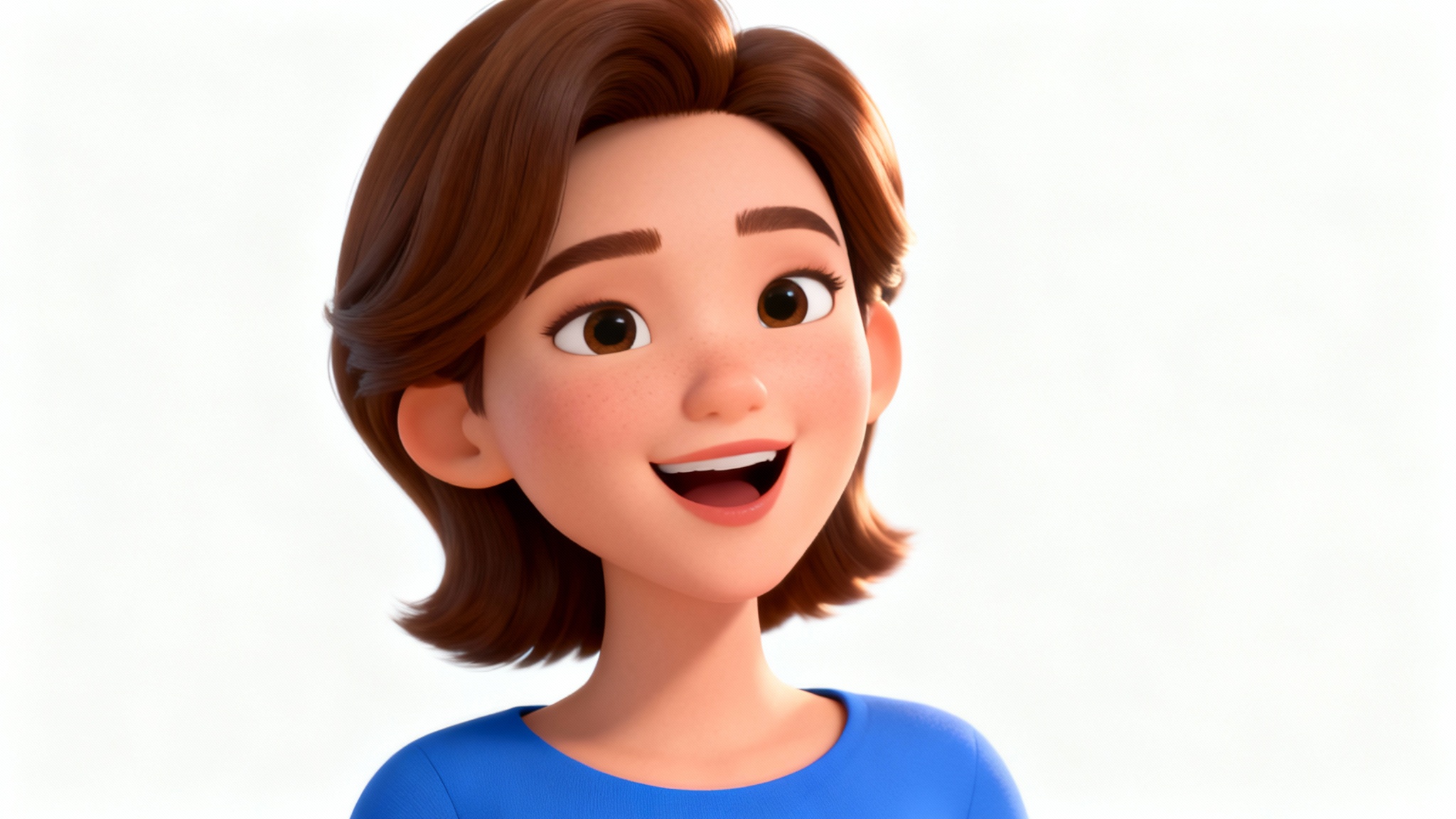 A 3D animated headshot of a friendly woman with brown hair, smiling and looking as though she is speaking, set against a plain white background.