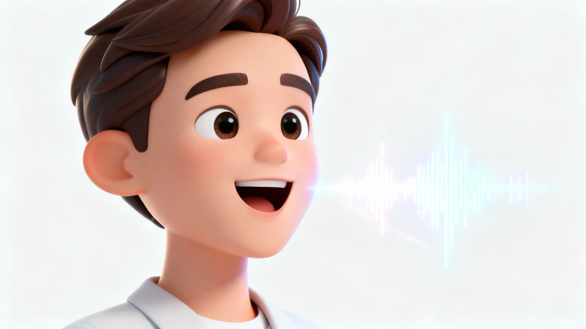 A 3D animated character of a man with a friendly expression, shown from the shoulders up against a white background. He appears to be talking, with graphical soundwaves coming from his mouth to symbolize his voice.