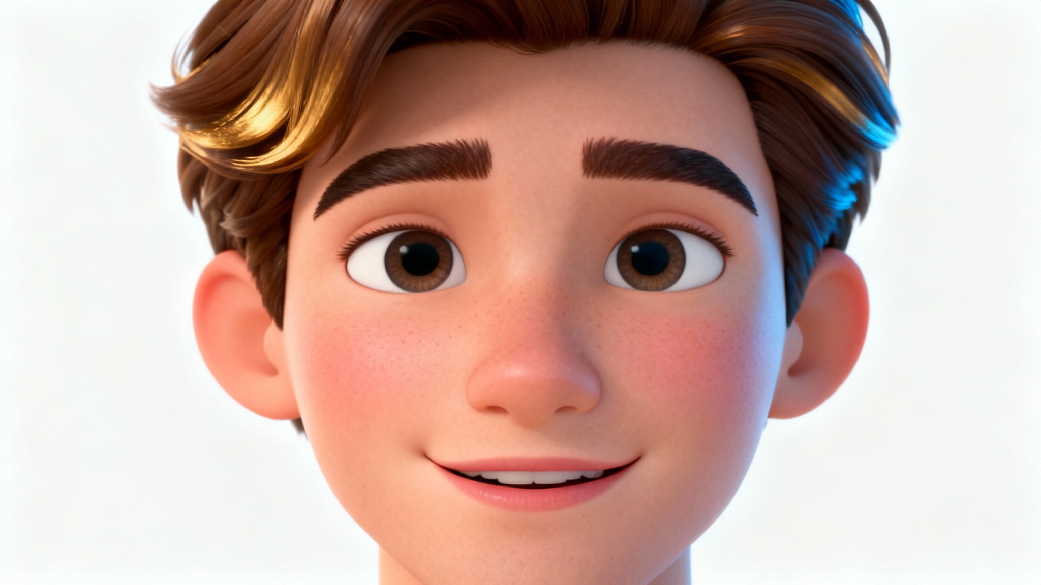 A 3D animated head of a friendly young man with brown hair, shown from the neck up against a plain white background, illustrating a talking head avatar.
