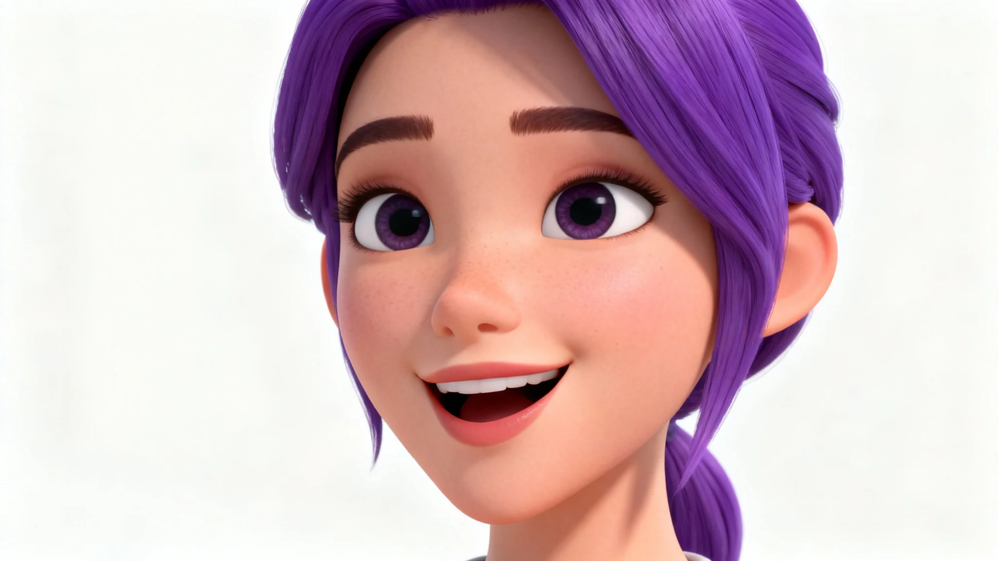 A 3D animated character of a woman with purple hair, smiling and appearing to speak, representing an animated talking head against a white background.