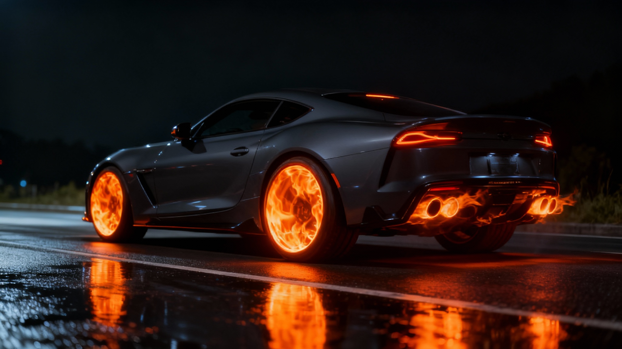 A dark sports car at night with digitally added realistic flames coming from its rear wheels, showcasing the result of a photo editing effect.