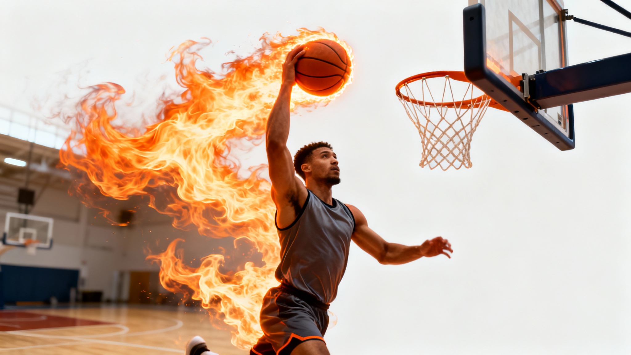 A photorealistic image of a basketball player dunking, with digitally added flames erupting from the basketball, presented as a mockup on a white background.