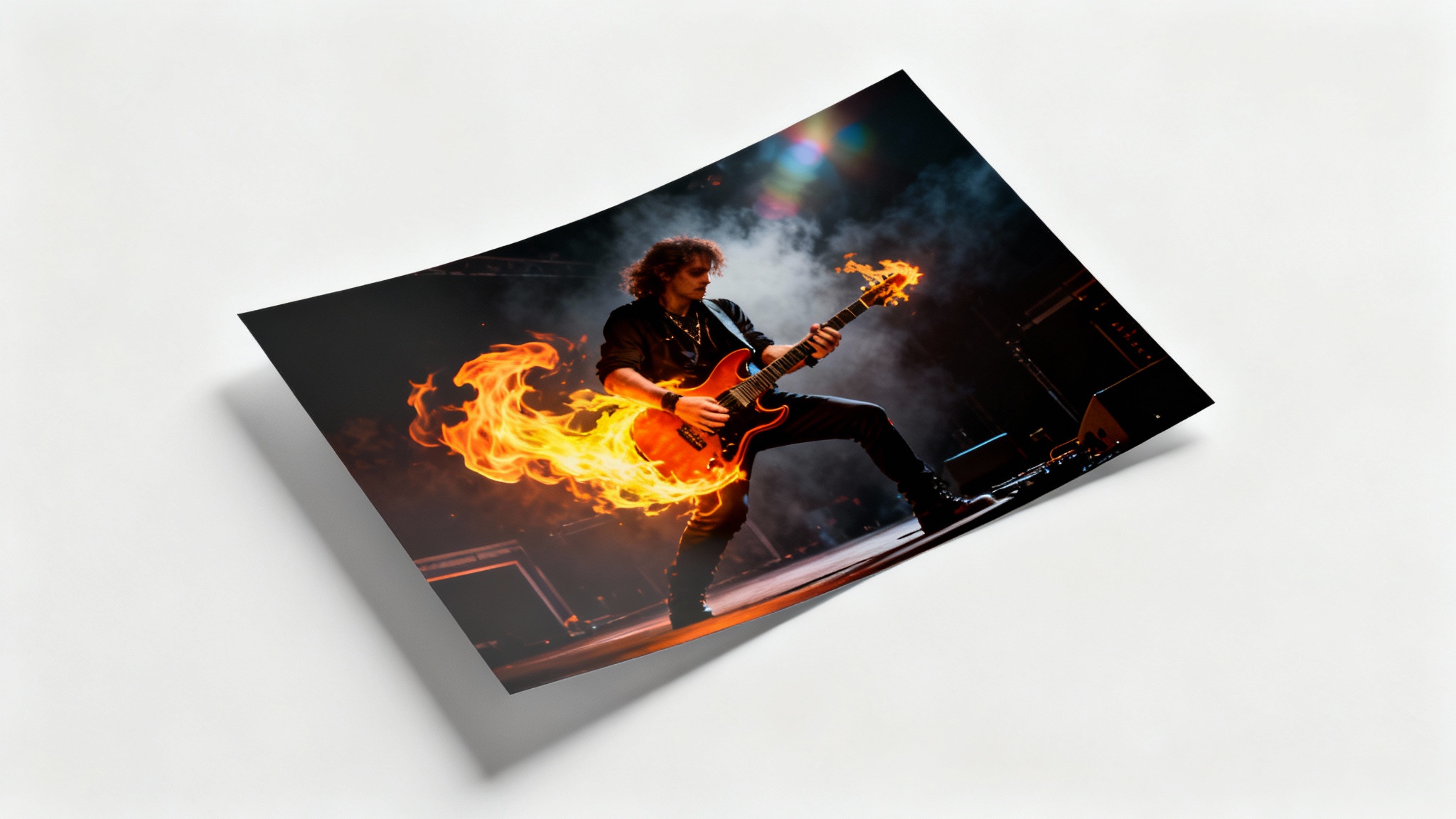 A photorealistic mockup of a photograph on a white background. The photo shows a guitarist on stage with dramatic digital flames erupting from their electric guitar.