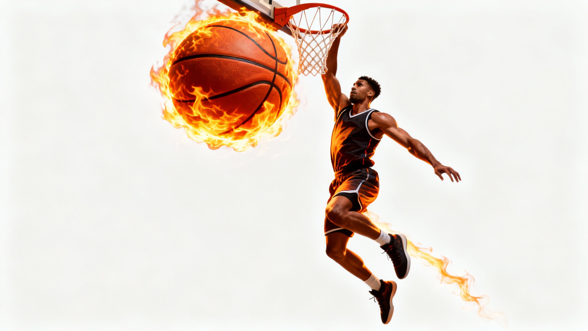 A photorealistic mockup of a basketball player frozen mid-air as they dunk a basketball engulfed in realistic flames, isolated on a white background.