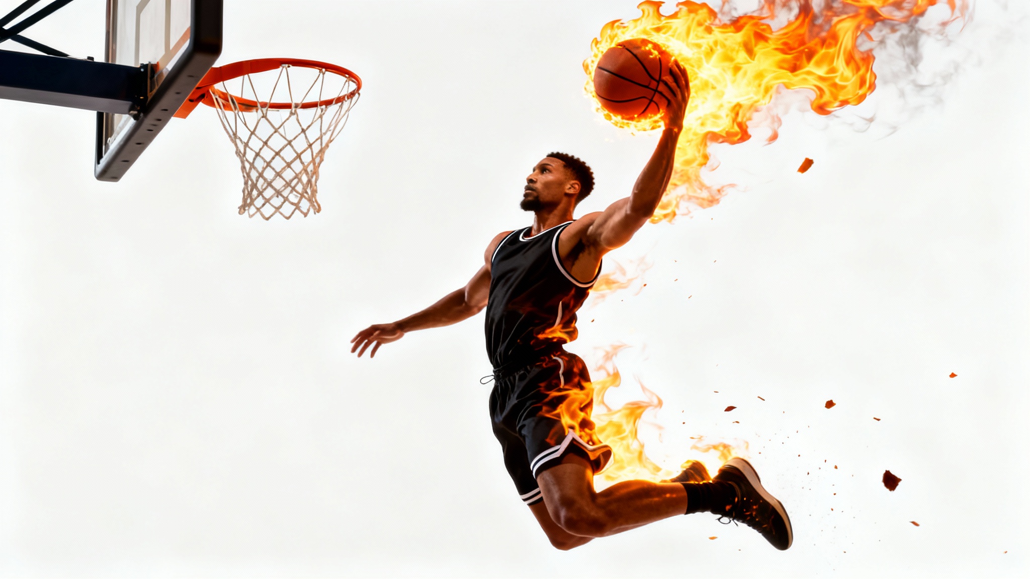 A photorealistic mockup of a basketball player dunking a flaming basketball against a plain white background, illustrating a photo effect.