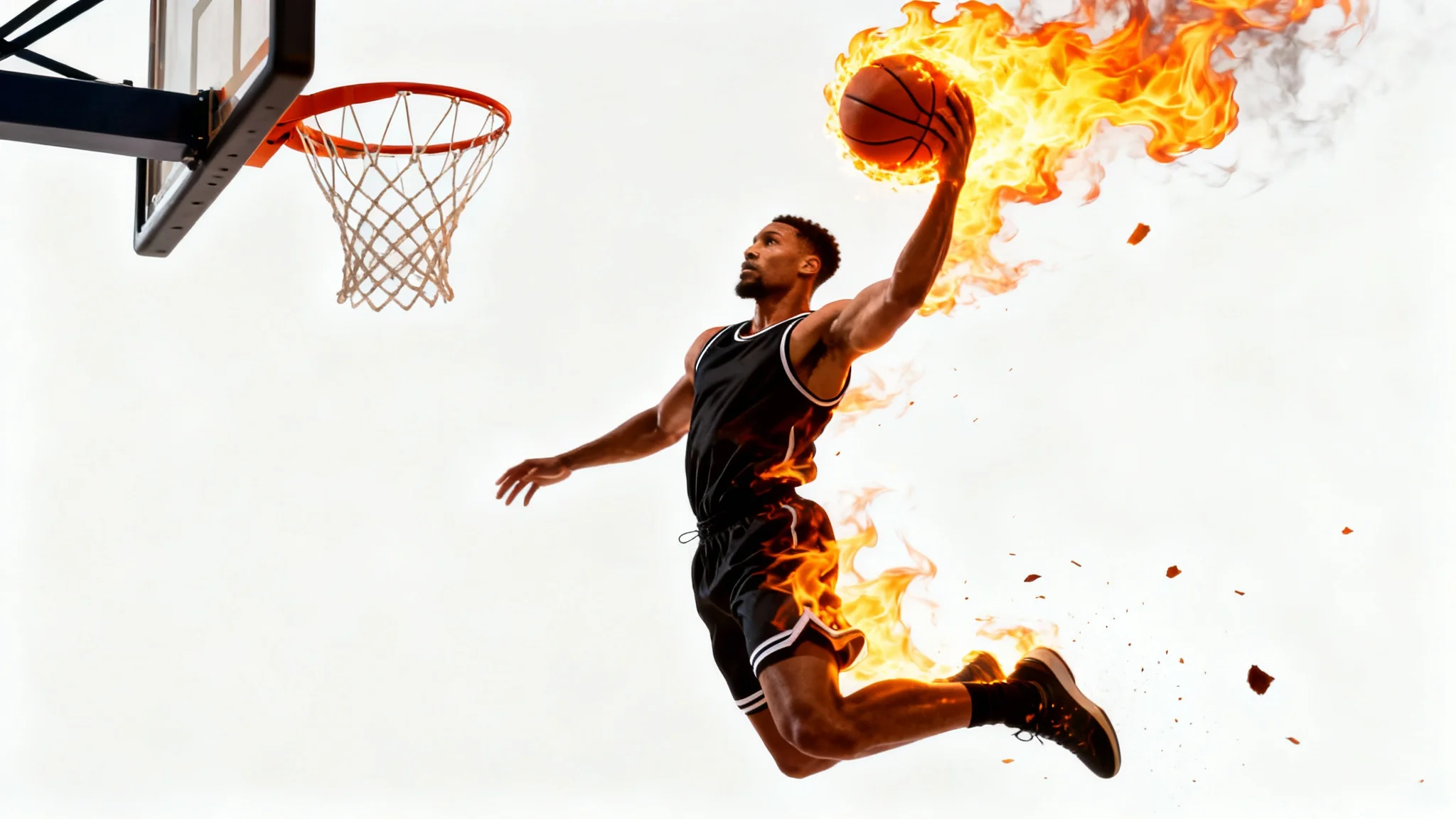 A photorealistic mockup of a basketball player dunking a flaming basketball against a plain white background, illustrating a photo effect.