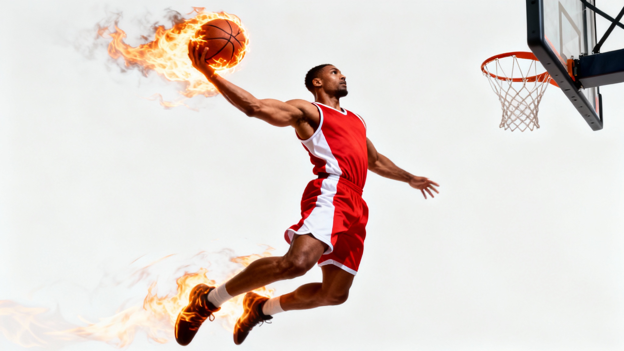 An action shot of a basketball player dunking a flaming basketball against a white background, demonstrating a photo flame effect.