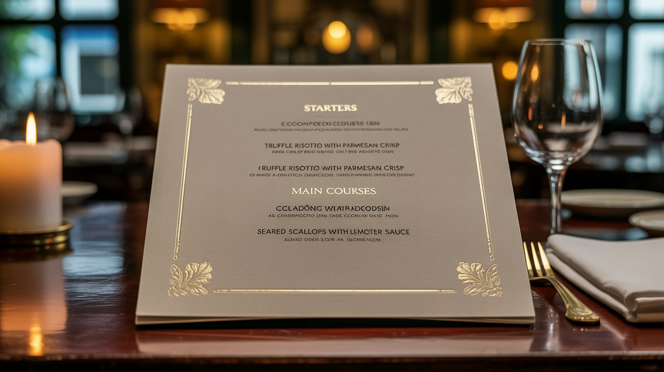 An open fine dining menu with elegant gold lettering on a dark wooden table, softly illuminated by candlelight, showcasing a luxurious restaurant experience.