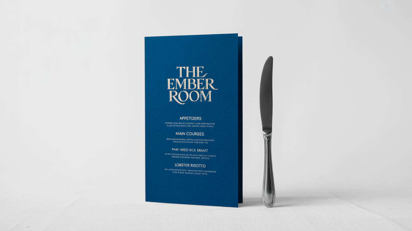 An elegant, dark blue fine dining menu for 'The Ember Room' with gold foil text, shown on a white background with a single silver knife placed beside it.