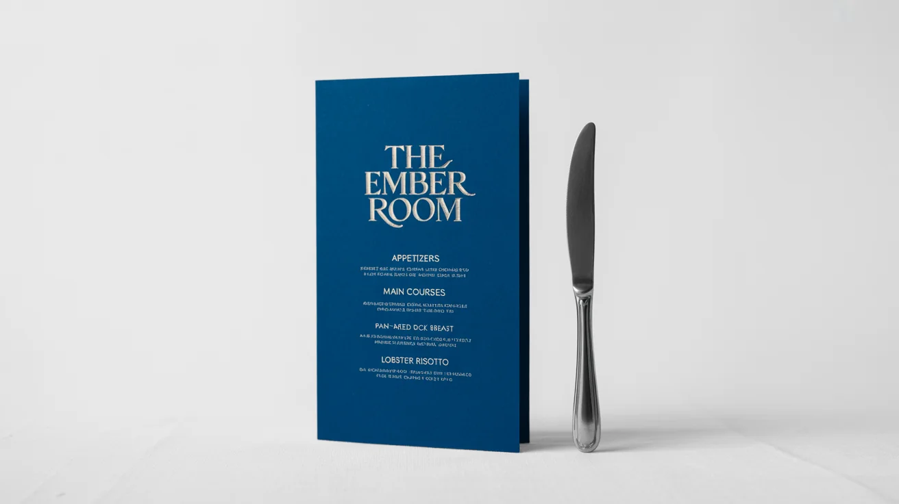 An elegant, dark blue fine dining menu for 'The Ember Room' with gold foil text, shown on a white background with a single silver knife placed beside it.