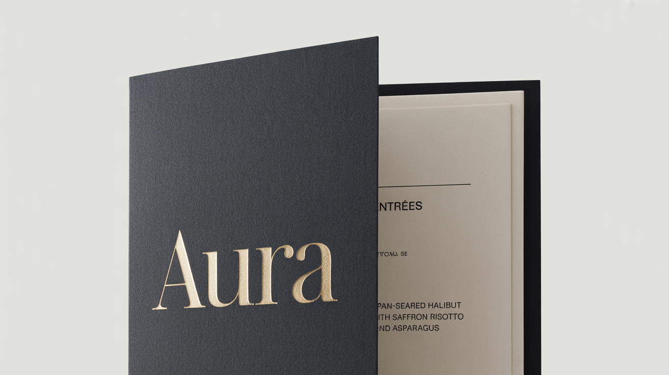 A mockup of a luxurious, black fine dining menu with 'AURA' in gold on the cover, standing open on a white background to show the 'Entrées' section.