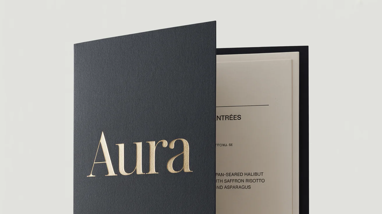 A mockup of a luxurious, black fine dining menu with 'AURA' in gold on the cover, standing open on a white background to show the 'Entrées' section.