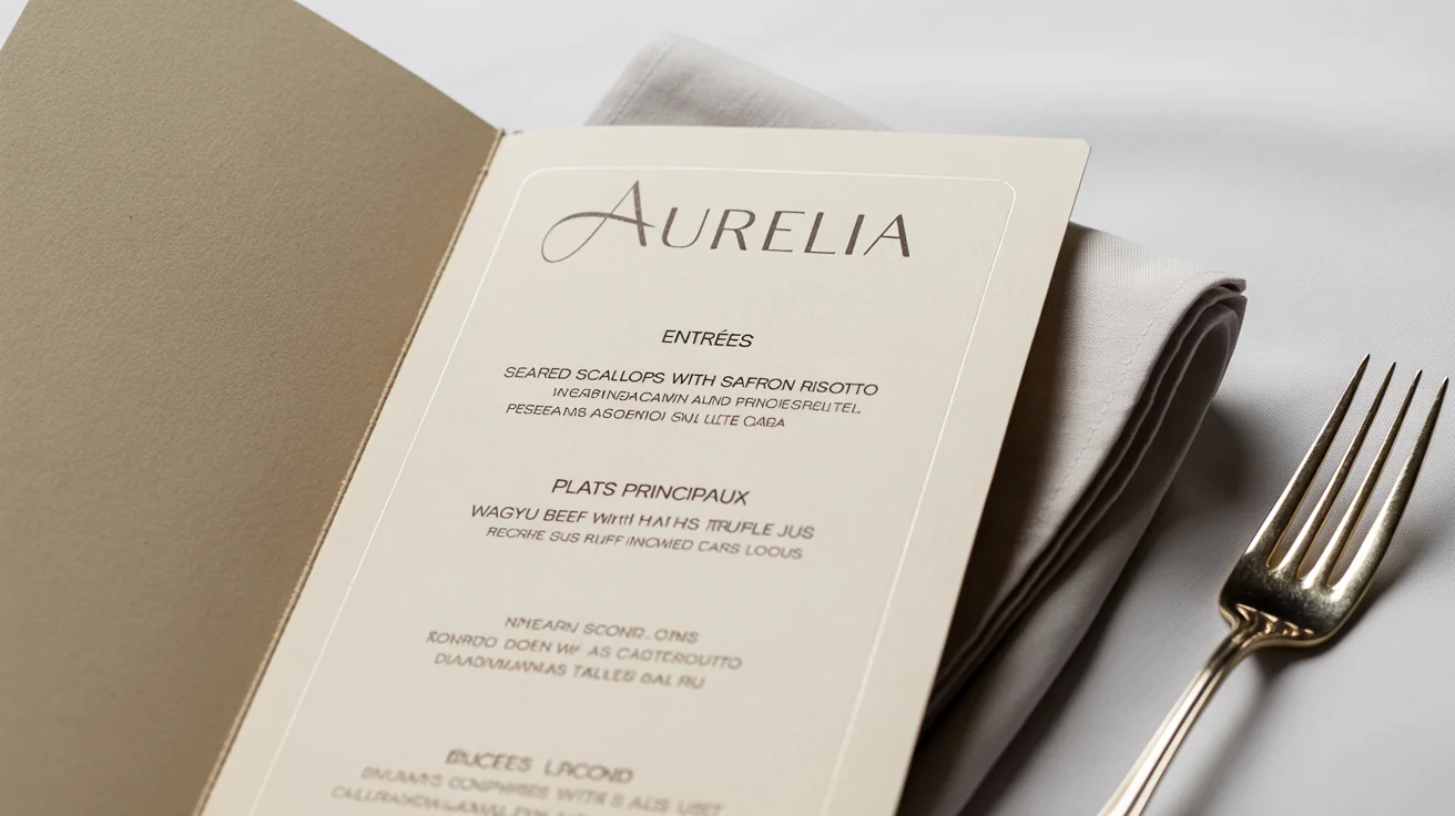 A luxurious fine dining menu mockup for a restaurant named 'Aurelia', shown open on a white table with a linen napkin and silver fork.