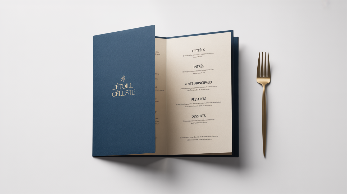 A luxurious fine dining menu for a fictional restaurant called 'L'Étoile Céleste', shown open on a white background, featuring navy blue and gold foil details, next to a single gold fork.