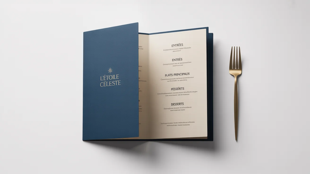 A luxurious fine dining menu for a fictional restaurant called 'L'Étoile Céleste', shown open on a white background, featuring navy blue and gold foil details, next to a single gold fork.