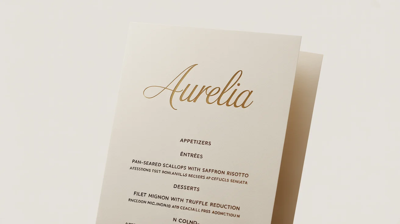 An elegant, cream-colored fine dining menu for a restaurant named 'Aurelia', featuring gold foil lettering and classic typography, displayed on a clean white background.