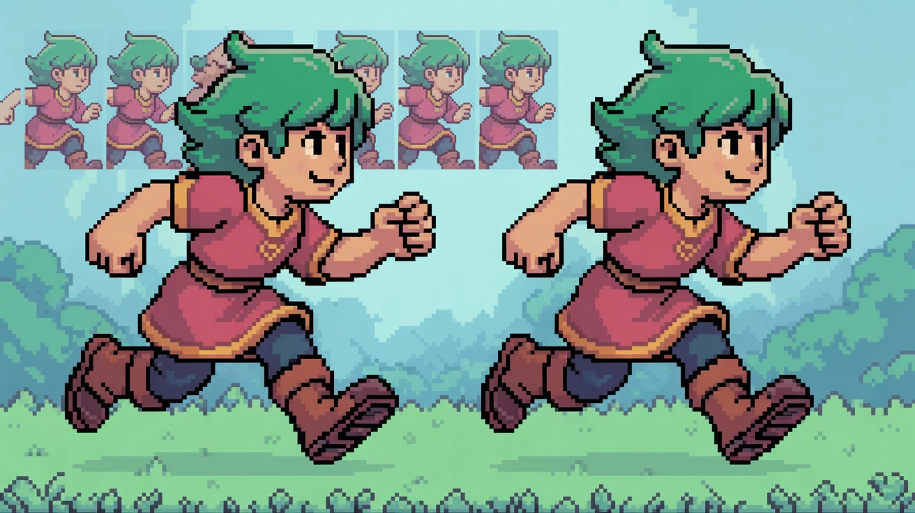 An animated pixel art character with green hair and a red tunic running in a game scene, with its corresponding sprite sheet shown transparently in the background, demonstrating the result of an animation tool.