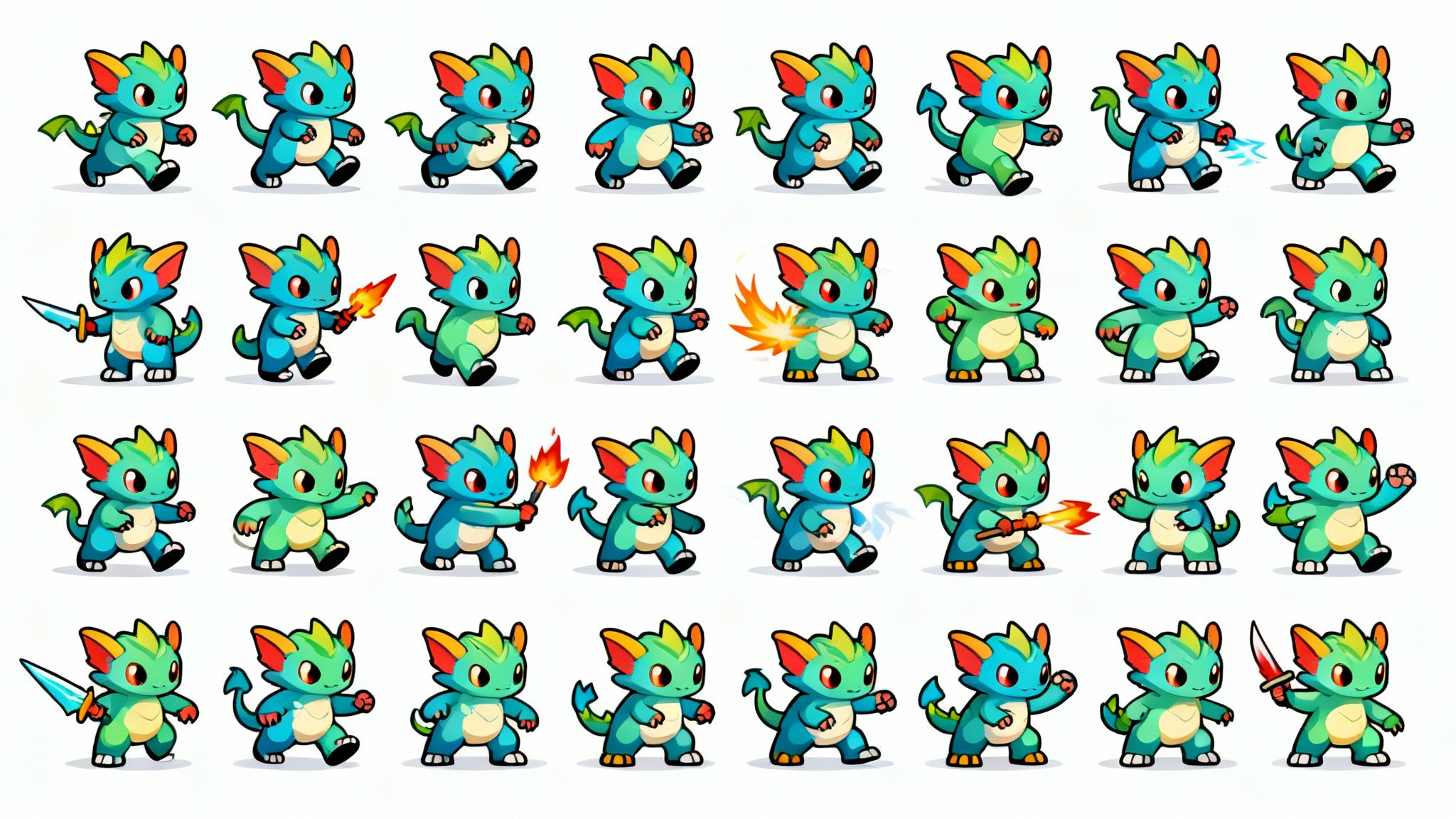 A colorful 2D sprite sheet of a cartoon fantasy creature, showing multiple animation frames arranged in a grid on a plain white background.