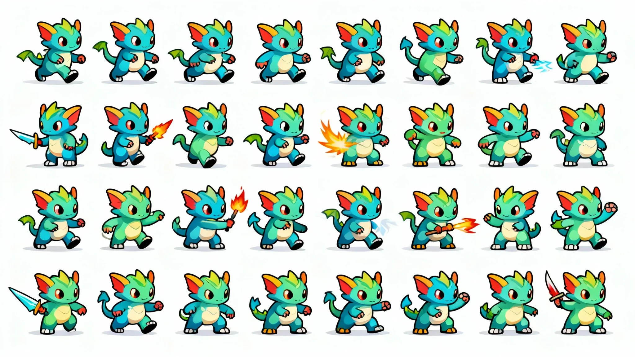 A colorful 2D sprite sheet of a cartoon fantasy creature, showing multiple animation frames arranged in a grid on a plain white background.