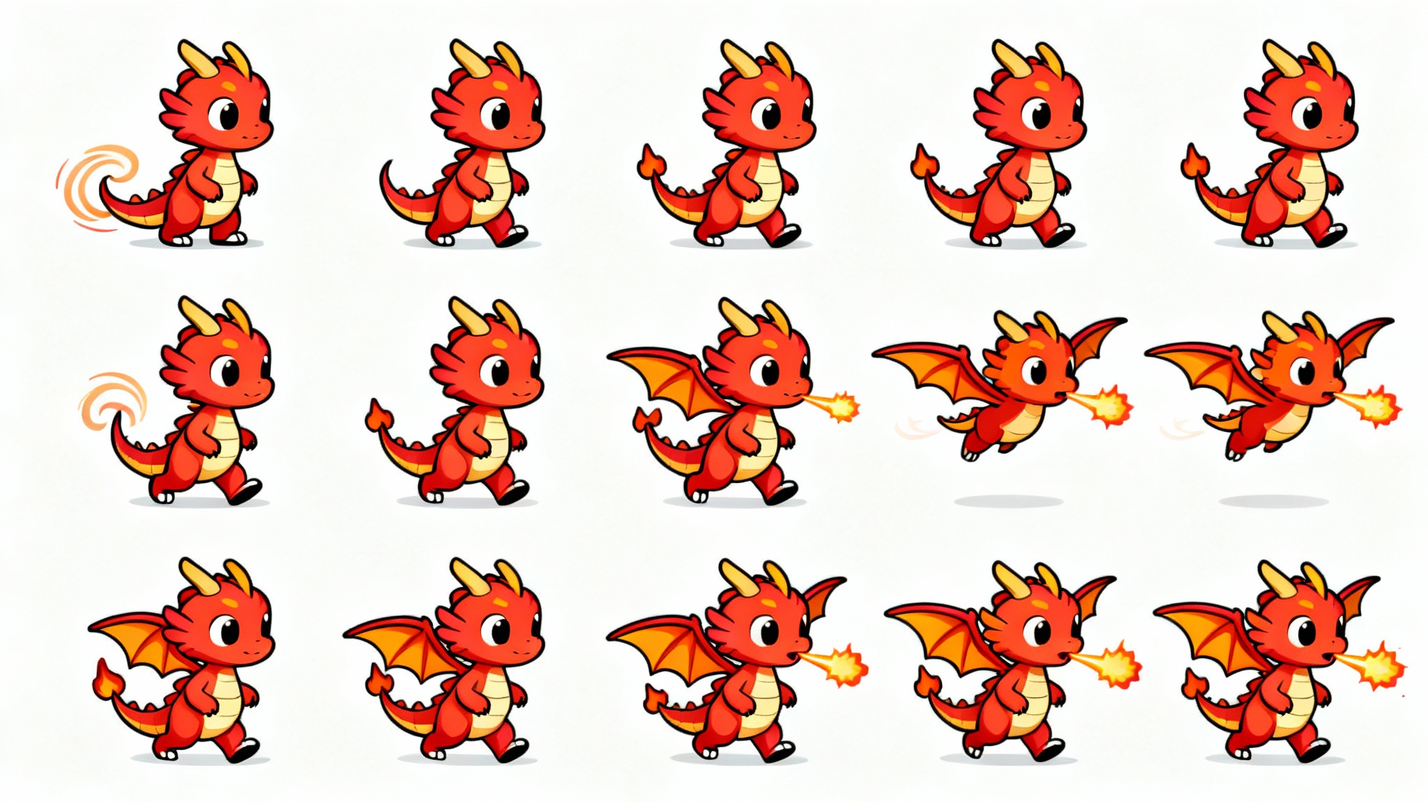 A colorful 2D game sprite sheet showing animation frames for a small cartoon dragon, including walking, flying, and breathing fire, all arranged on a white background.