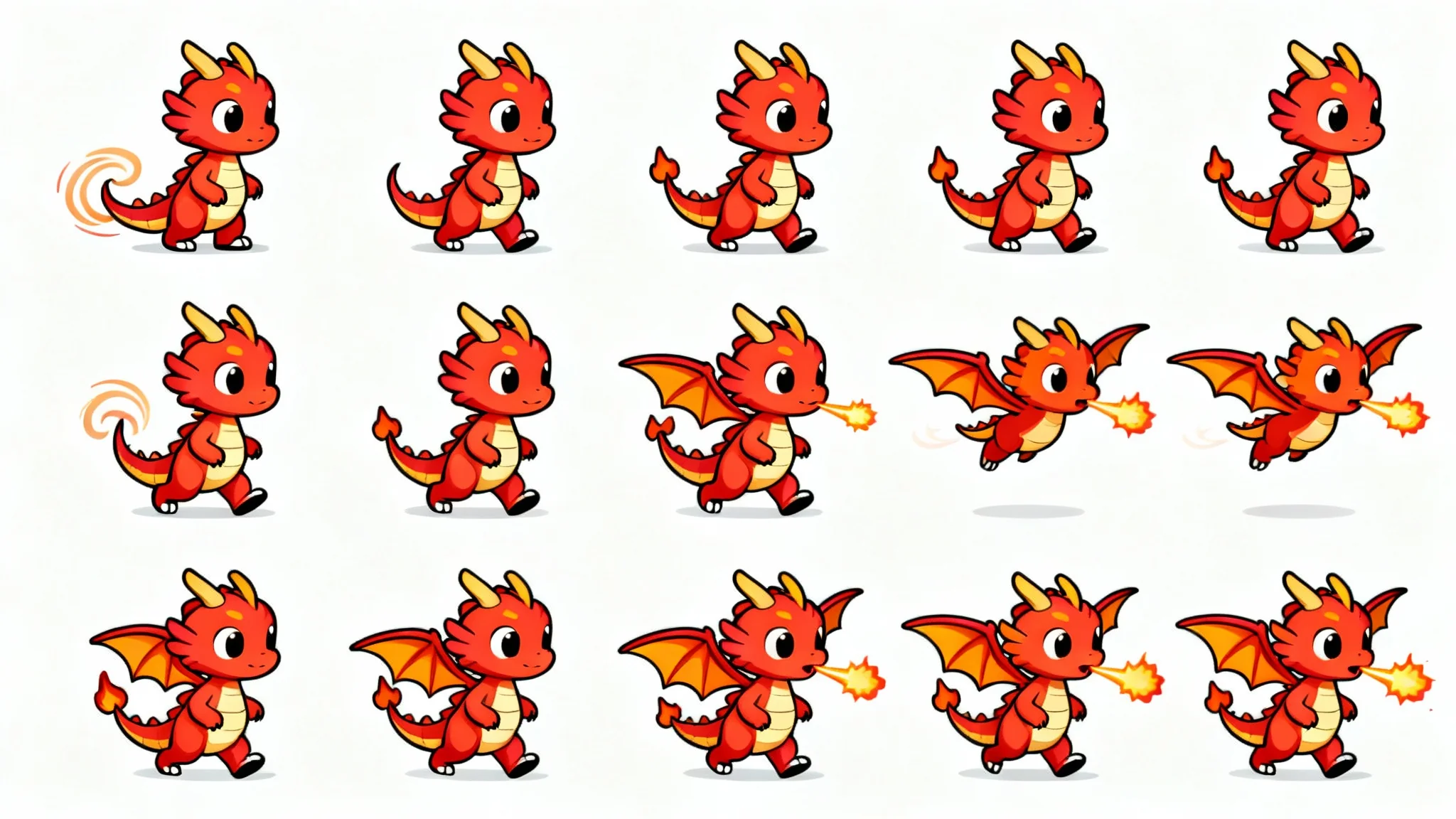 A colorful 2D game sprite sheet showing animation frames for a small cartoon dragon, including walking, flying, and breathing fire, all arranged on a white background.
