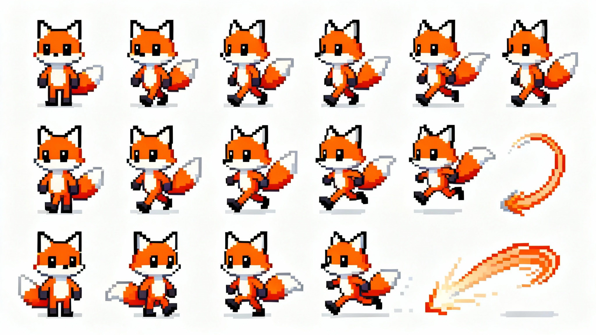 A 16-bit pixel art sprite sheet of a cartoon fox character, showing animation frames for walking, running, and jumping, on a clean white background.